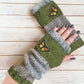 Mitaines femme tricotées rouge et gris – Gants sans doigts avec motif papillon brodé, chauds et élégants