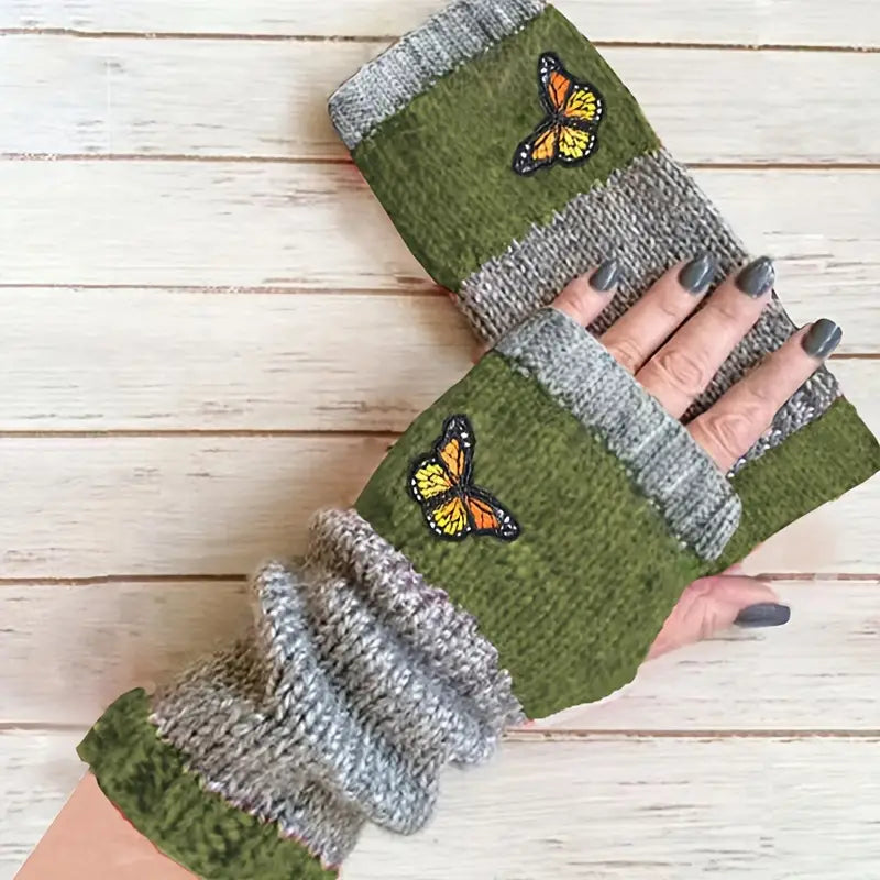Mitaines femme tricotées rouge et gris – Gants sans doigts avec motif papillon brodé, chauds et élégants
