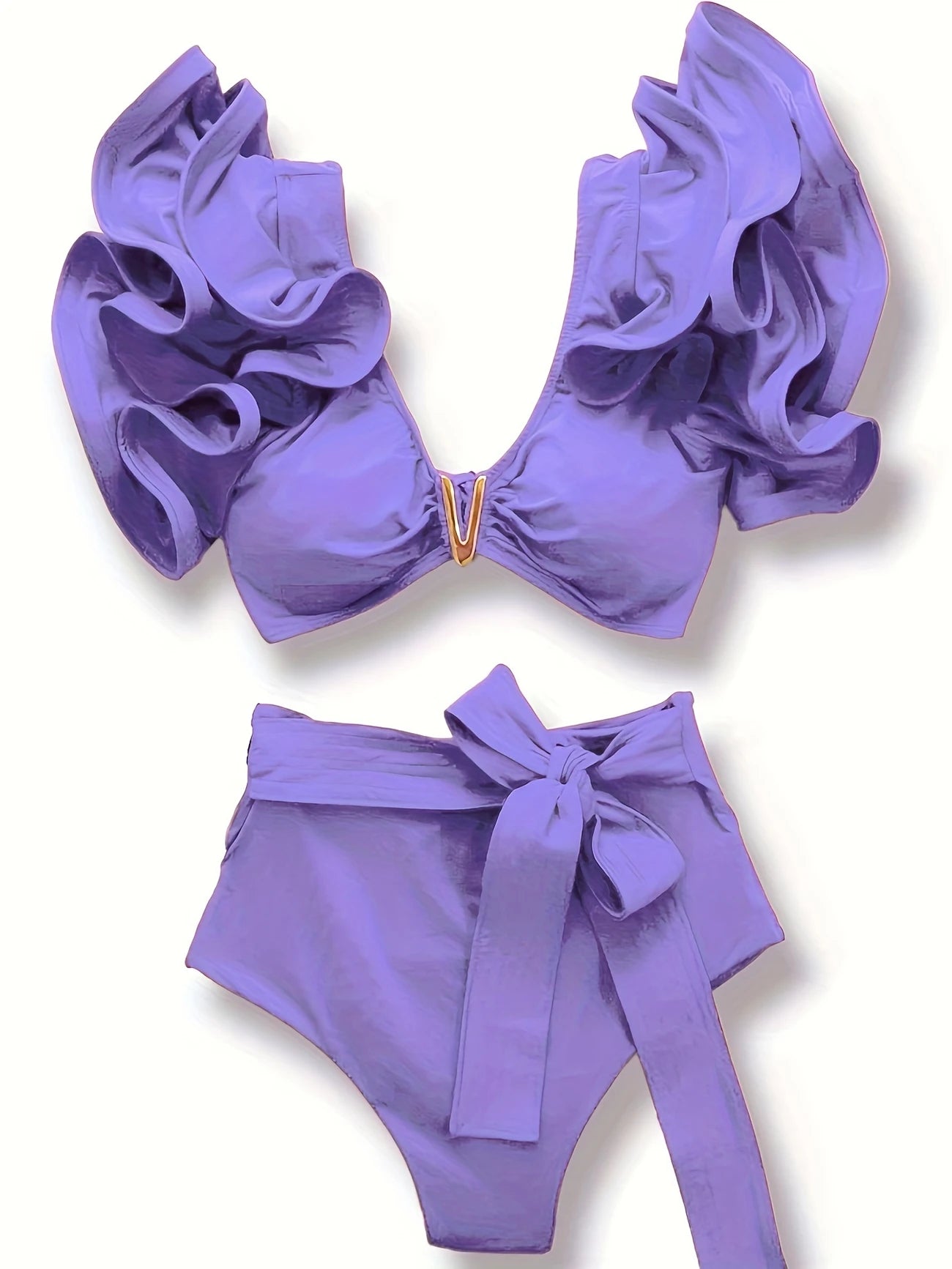 Bikini à volants – Haut élégant avec décolleté doré et culotte nouée avec grand nœud
