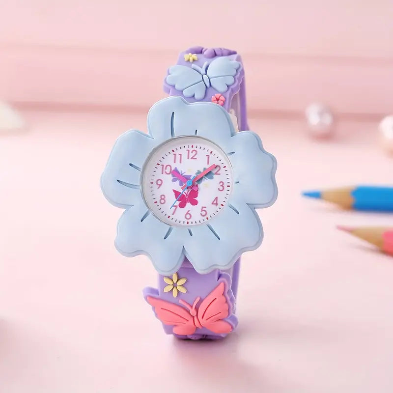 Montre Enfant Fille Fleur Violette et Papillon – Bracelet Silicone Rose, Apprentissage de l’Heure