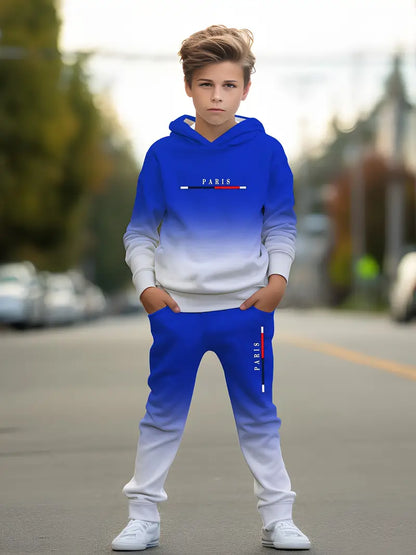 Ensemble Garçon Paris Style Sport – Sweat à Capuche et Jogging Dégradé Bleu Blanc