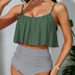 Bikini deux pièces femme – Haut à volants vert kaki/Rose & culotte taille haute rayée