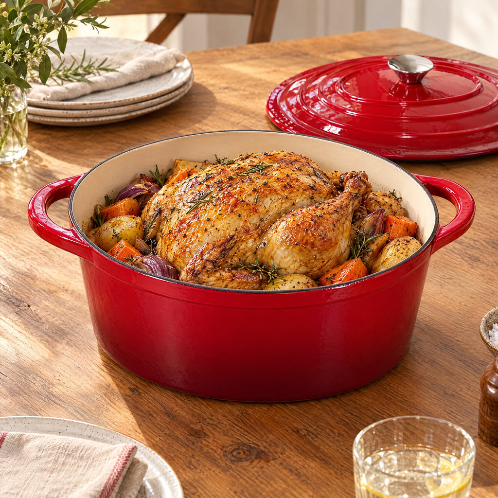 Cocotte Ovale en Fonte Émaillée Rouge, Idéale pour Rôtis et Plats Mijotés