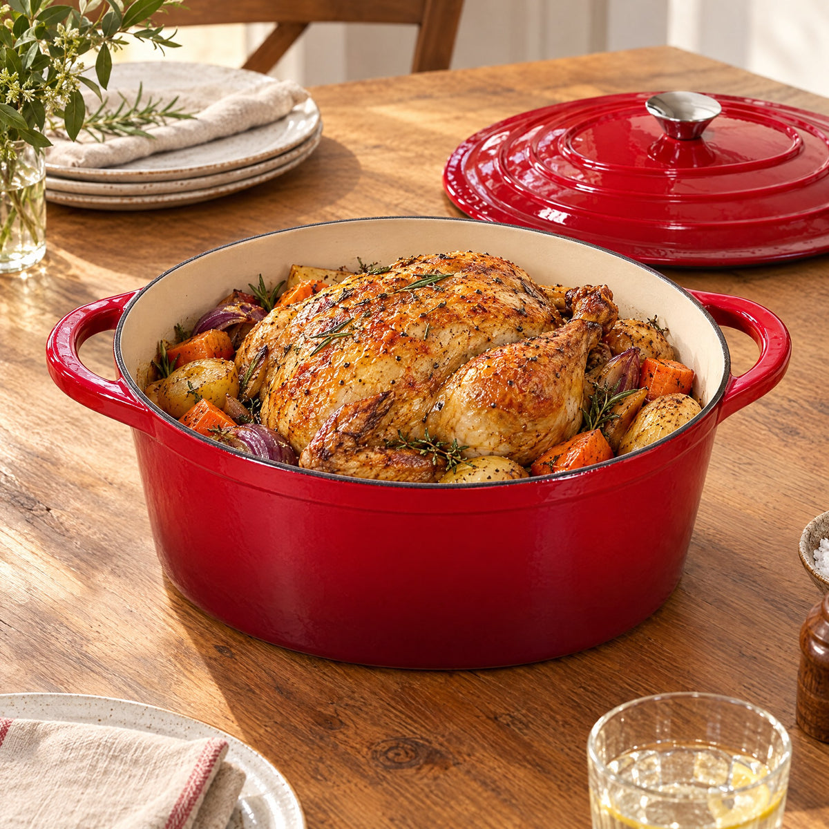 Cocotte Ovale en Fonte Émaillée Rouge, Idéale pour Rôtis et Plats Mijotés