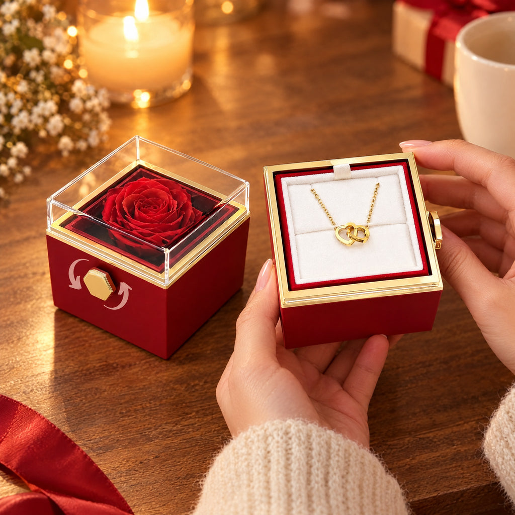 Coffret rose éternelle et collier double cœur gravé aux prénoms