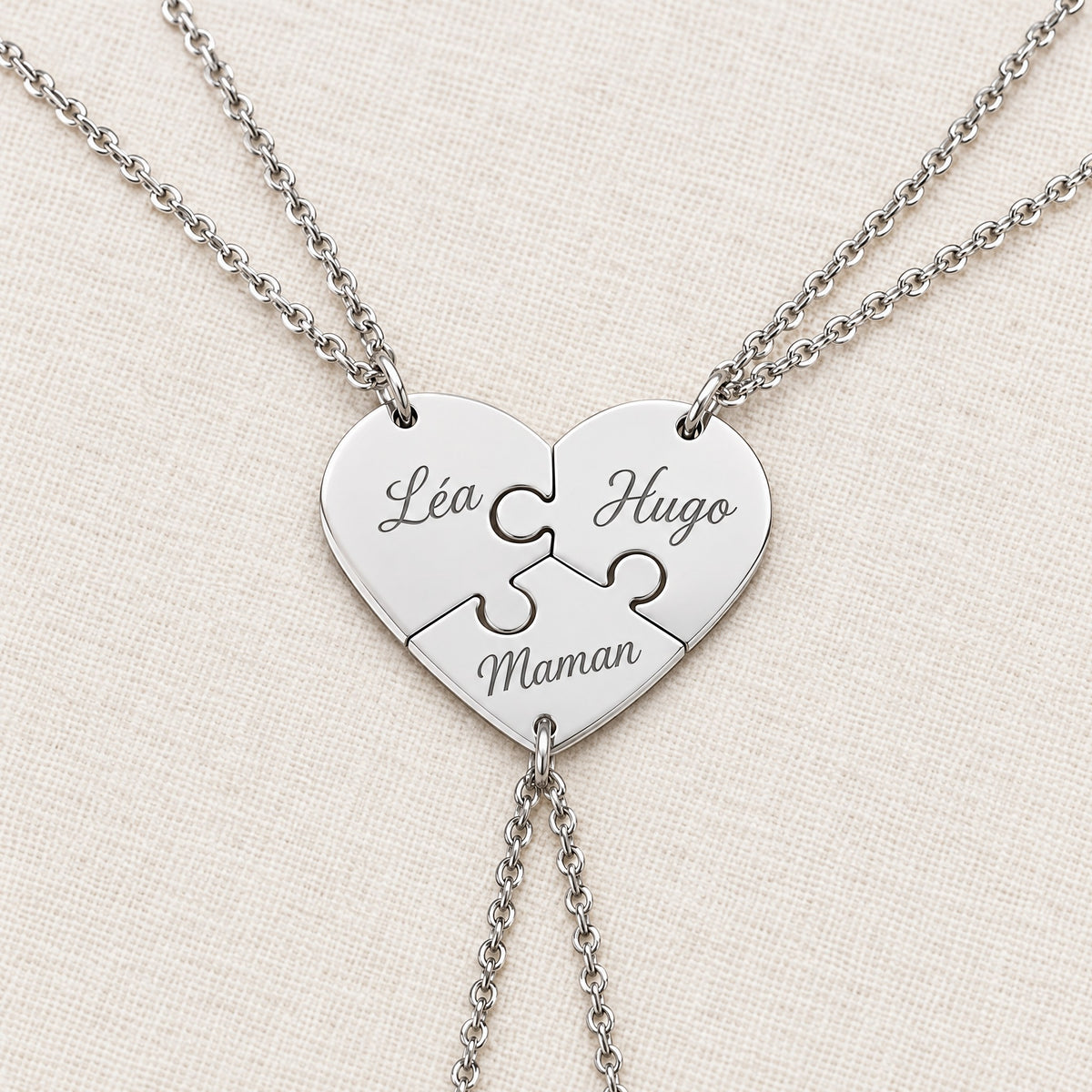 Collier Puzzle Cœur Personnalisé – Prénoms Gravés, une Pièce par Personne