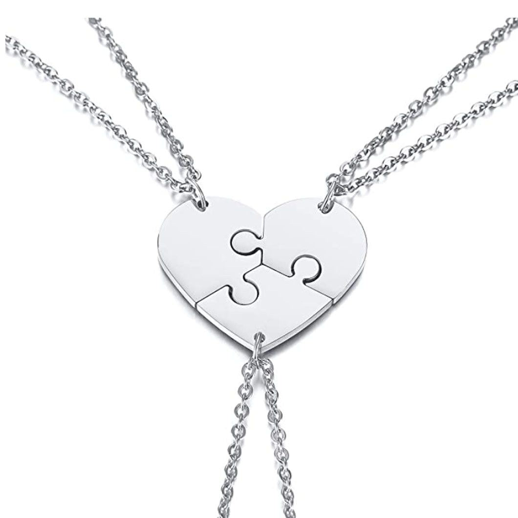 Collier Puzzle Cœur Personnalisé – Prénoms Gravés, une Pièce par Personne