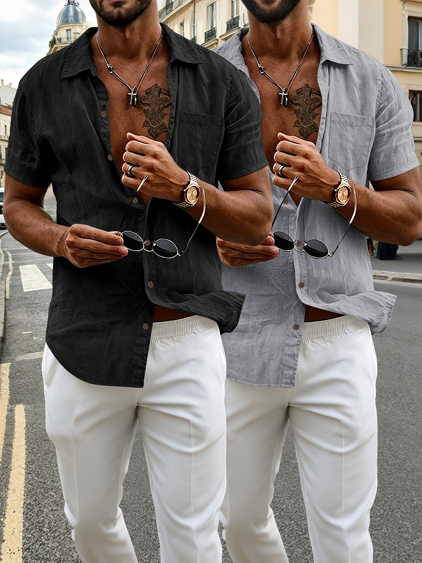 Lot de 2 chemises Henley à manches courtes en lin pour homme