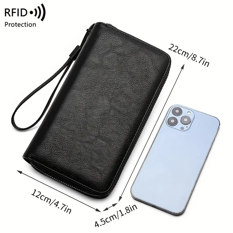 Portefeuille homme en cuir avec dragonne  Multi-compartiments, fermeture zippée, élégant et pratique