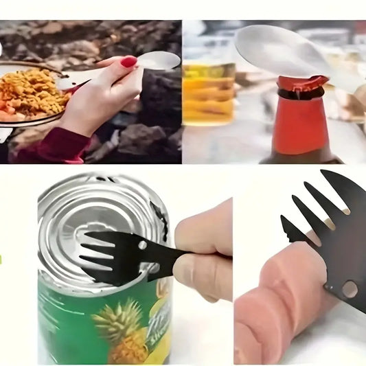 Couverts multifonctions de camping 6 en 1 – Cuillère, fourchette, ouvre-boîte et décapsuleur portable