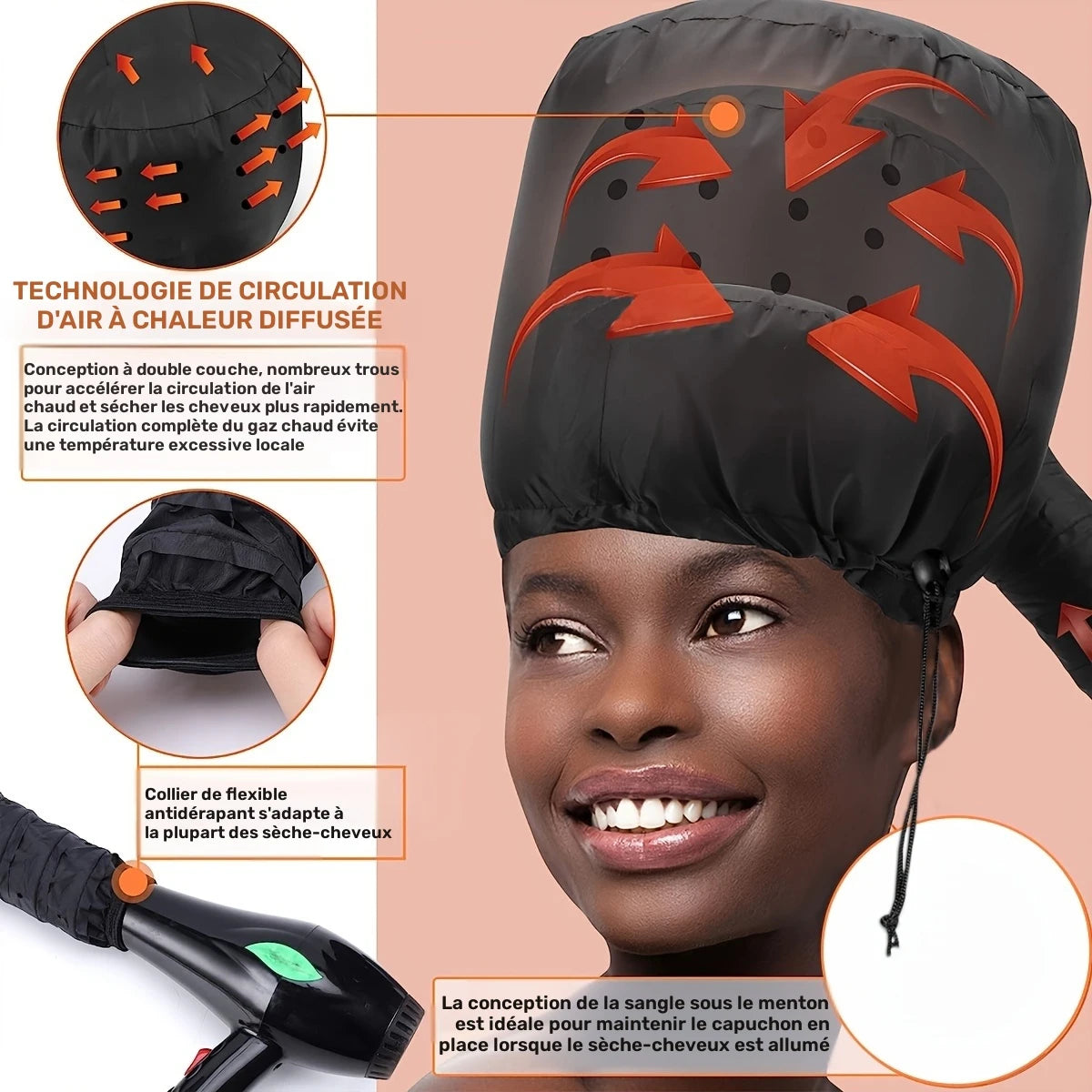 Bonnet Sèche-Cheveux à Air Chaud – Casque Souple Universel pour Soin, Boucles ou Mise en Plis