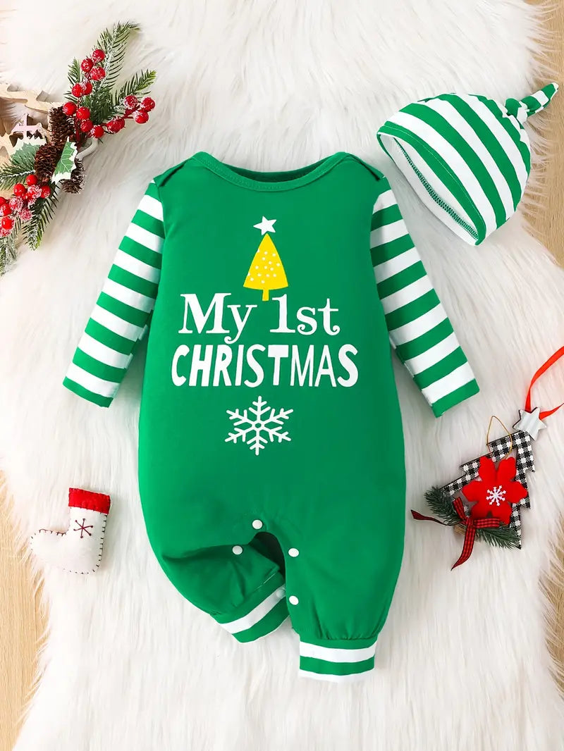 Body Bébé Noël My 1st Christmas – Grenouillère Rouge avec Bonnet Rayé, Tenue de Fête Hiver