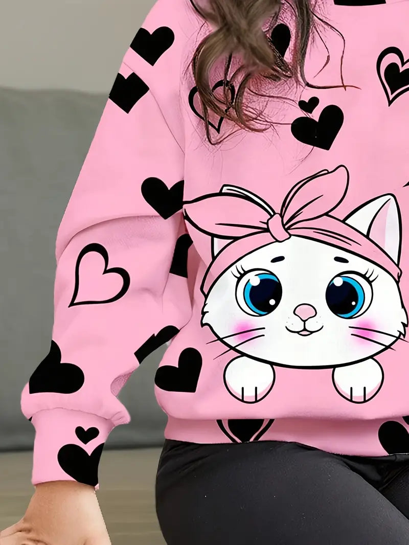 Chemise fille rose imprimé chat et cœurs – tenue mignonne et confortable