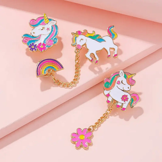 Broches Enfant Licorne et Arc-en-Ciel – Boutons Fantaisie Colorés avec Chaîne et Fleurs