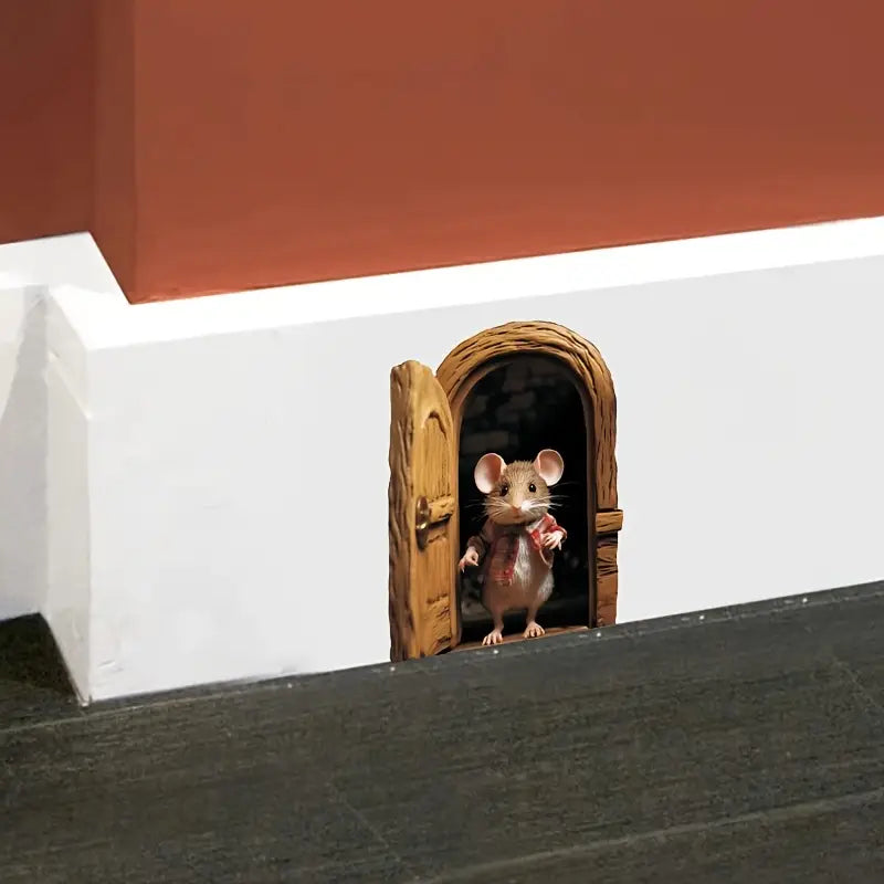 Sticker trompe-l'œil souris et porte en 3D – Autocollant mural amusant pour plinthes, enfants et déco originale