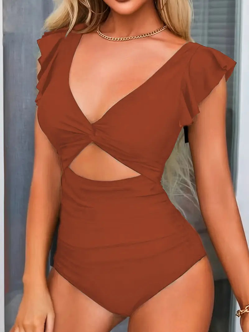Maillot de bain une pièce tendance à manches volantées et découpe ventre