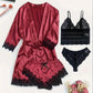 Ensemble lingerie 4 pièces satin et dentelle – Bralette, shorty, string et kimono léger pour femme