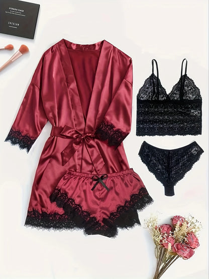 Ensemble lingerie 4 pièces satin et dentelle – Bralette, shorty, string et kimono léger pour femme