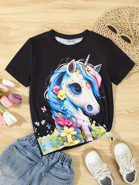 T-shirt Fille Licorne Colorée – Haut Enfant Manches Courtes Imprimé Fantaisie et Tendance