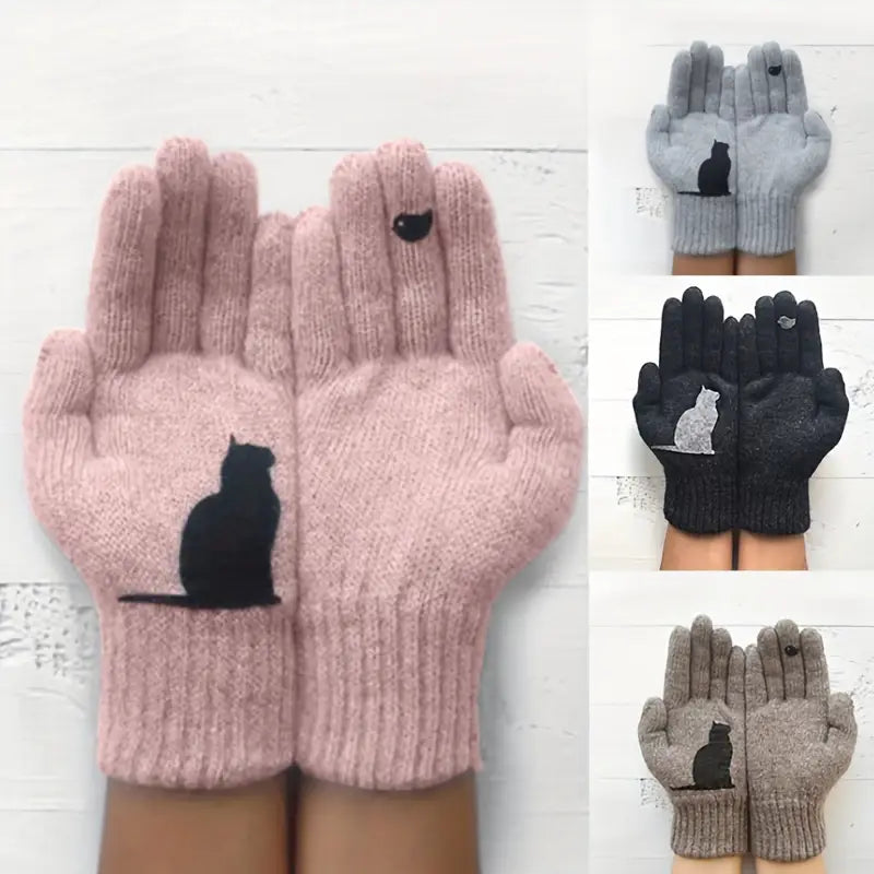 Gants femme en laine beige – Gants tricotés hiver avec motif chat noir, chauds et confortables