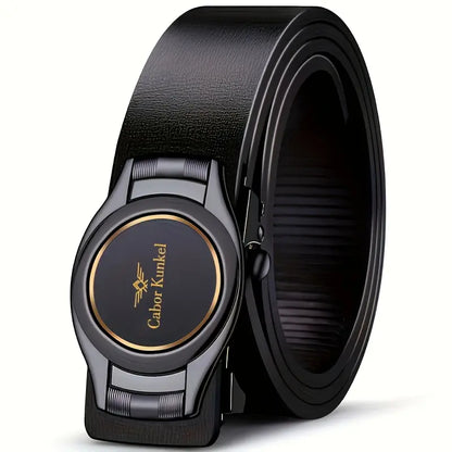 Ceinture homme en cuir avec boucle automatique ronde noire et bleue, coloris Doré