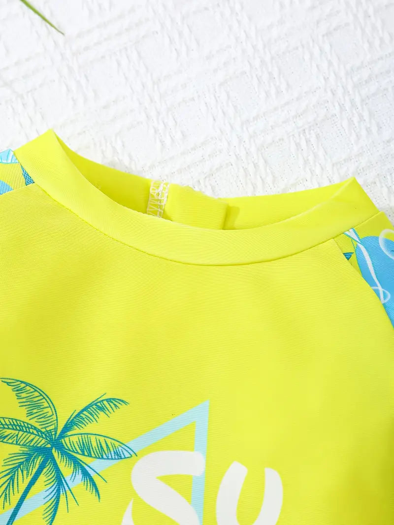 Maillot de bain garçon une pièce anti-UV manches longues – Combinaison de plage jaune et bleue avec imprimé palmier