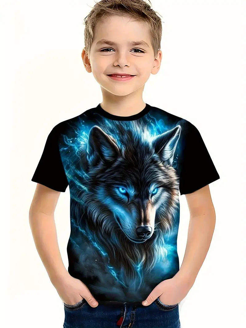 T-shirt Garçon Motif 3D Loup et Tigre – Haut Imprimé Animal Fantastique Mode Streetwear Enfant