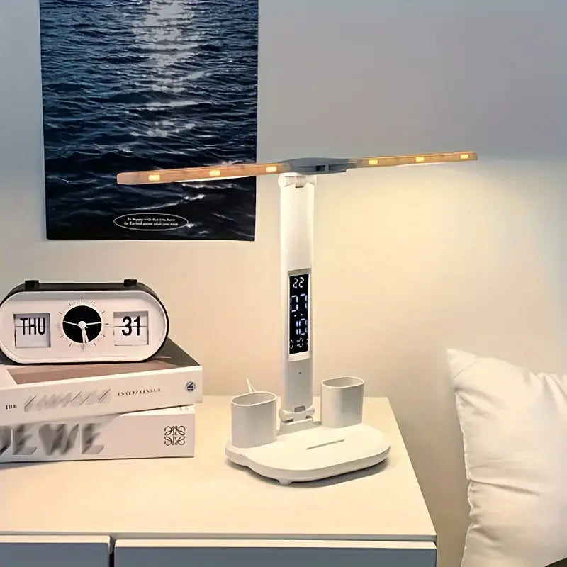Lampe de bureau LED multifonction avec écran LCD, charge USB et rangement intégré – Lumière réglable et design moderne