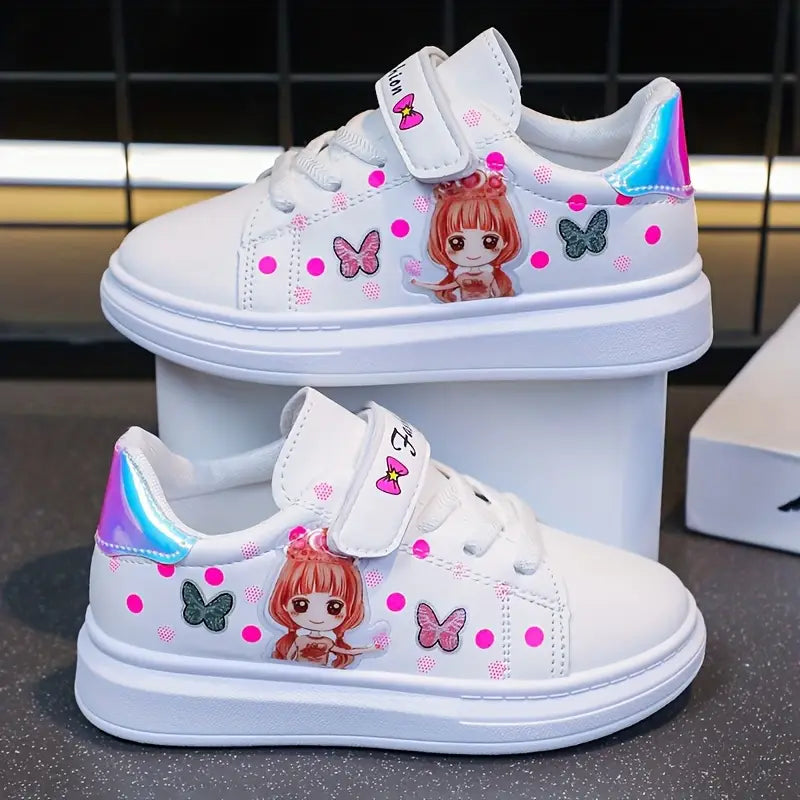 Baskets fille roses à scratch – Chaussures de sport confortables avec motif papillon et princesse