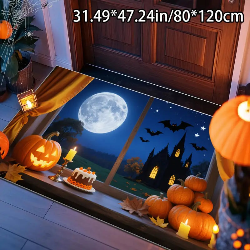 Tapis Halloween Géant – Citrouilles, Lune et Chauves-Souris pour Déco de Salon et Fête