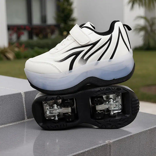 Baskets garçon – Chaussures de sport blanches avec motifs noirs, scratch pratique et semelle légère