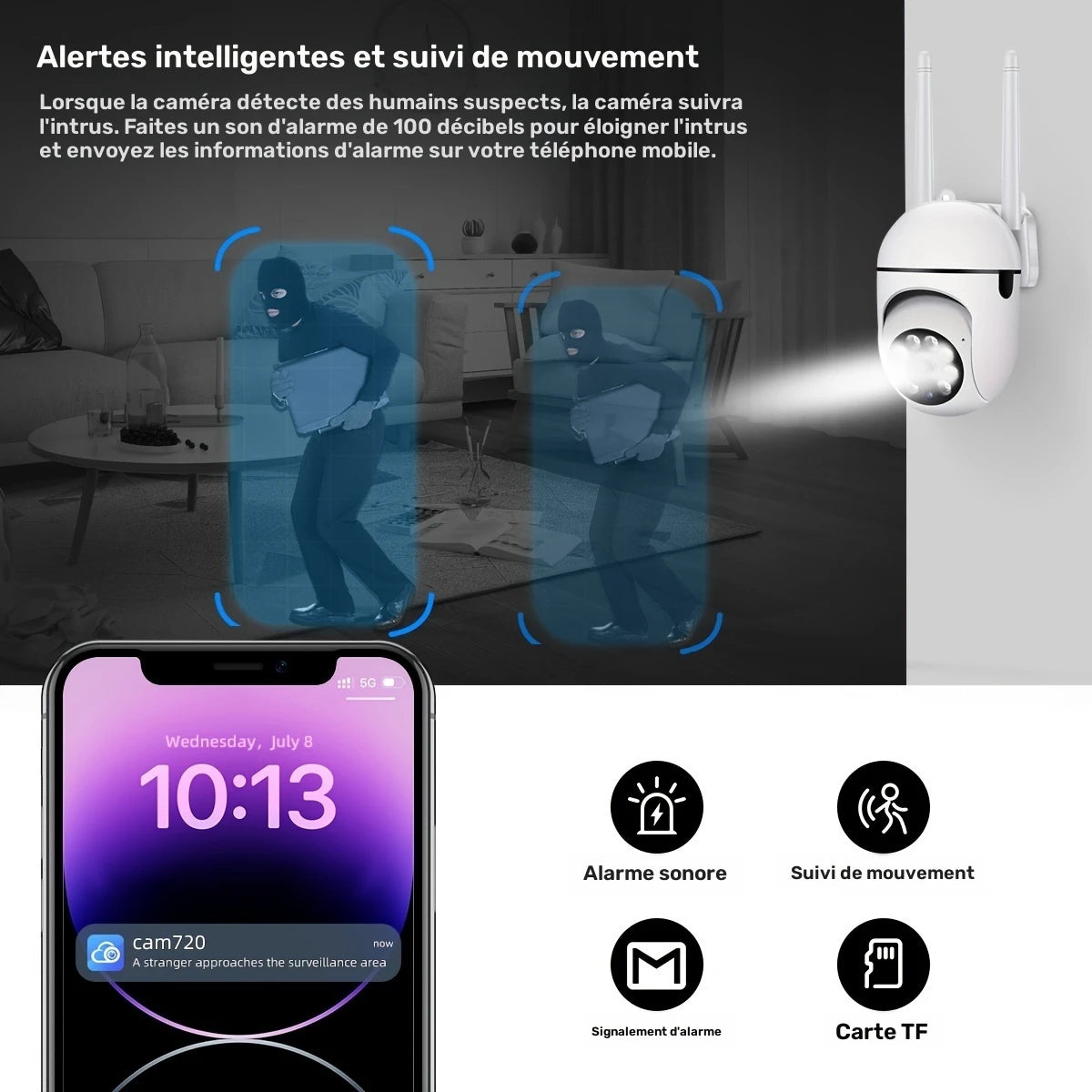 Caméra de surveillance Wi-Fi extérieure HD 2MP – Vision nocturne couleur et infrarouge, détection de mouvement, audio bidirectionnel