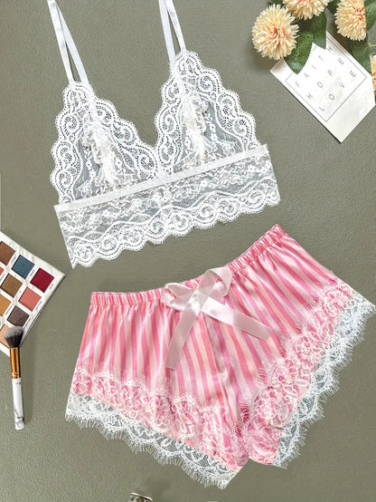 Ensemble Lingerie Femme Satin Rayé et Dentelle – Sous-vêtements et Pyjamas Sexy 2 Pièces Bralette & Short