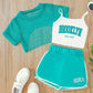 Hauts fille tendance – Ensemble crop top Brooklyn et short vert fluo avec t-shirt résille