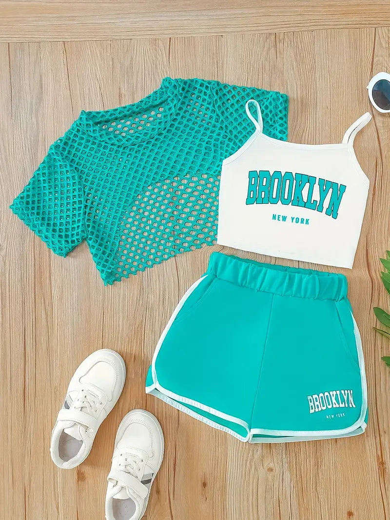 Hauts fille tendance – Ensemble crop top Brooklyn et short vert fluo avec t-shirt résille