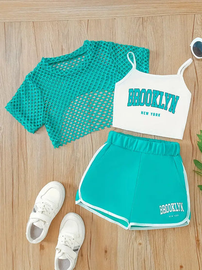Hauts fille tendance – Ensemble crop top Brooklyn et short vert fluo avec t-shirt résille