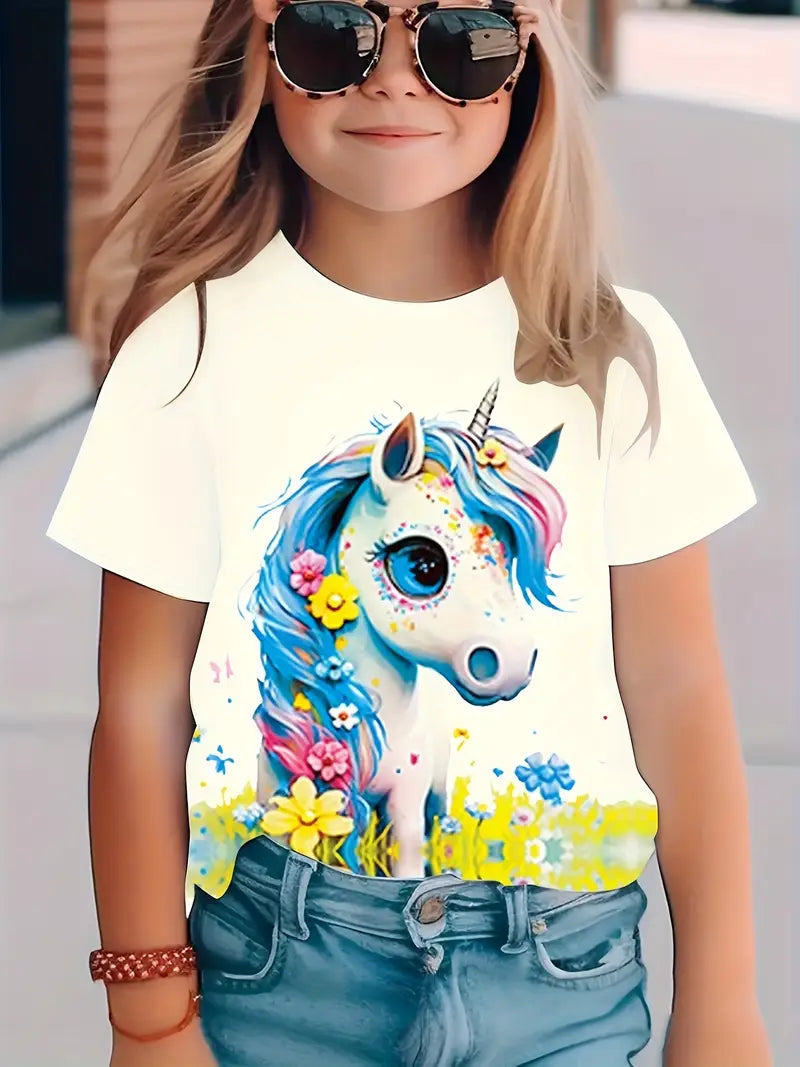 T-shirt Fille Licorne Colorée – Haut Enfant Manches Courtes Imprimé Fantaisie et Tendance