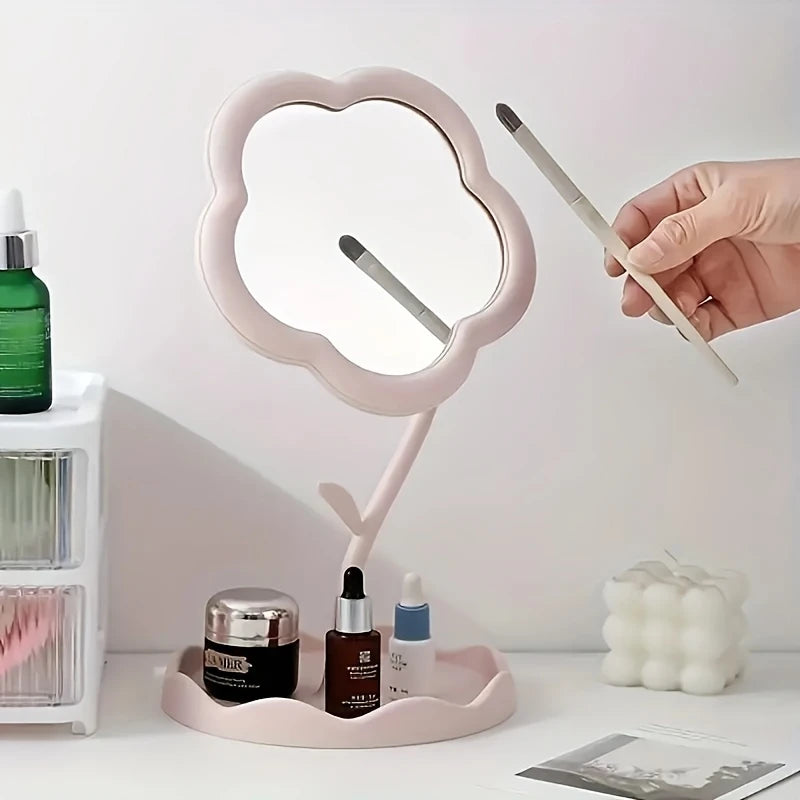 Miroir de Maquillage Fantaisie en Forme de Fleur – Design Original avec Support et Plateau de Rangement