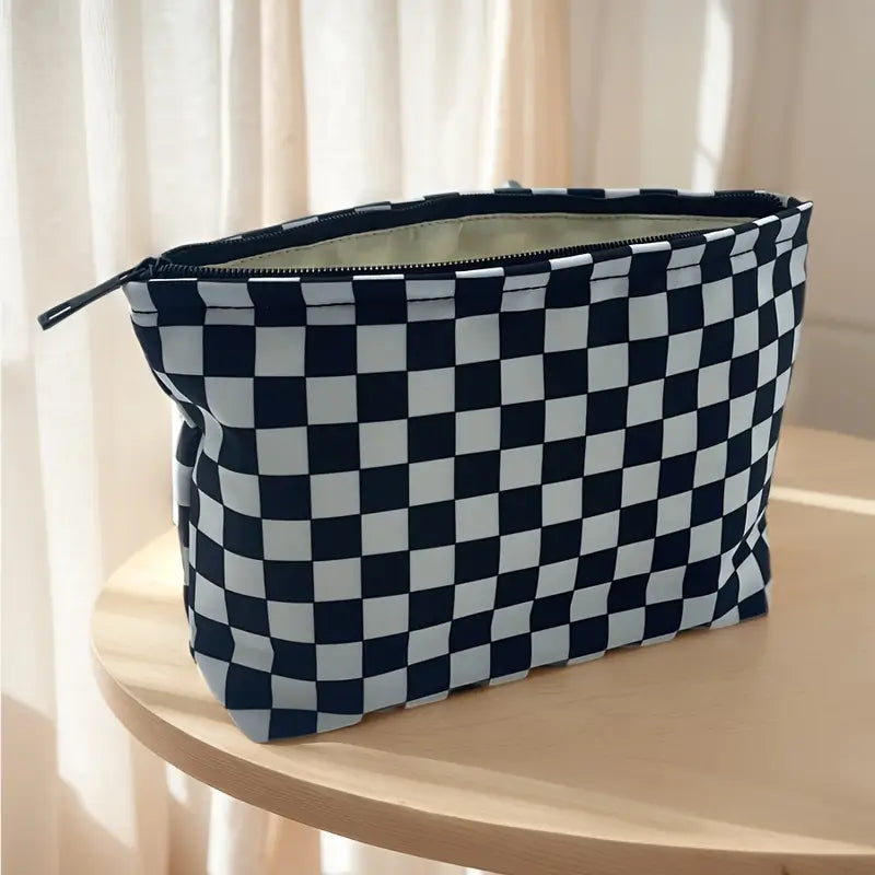 Trousse de toilette imperméable à motifs damier Grande capacité pour voyage et randonnée