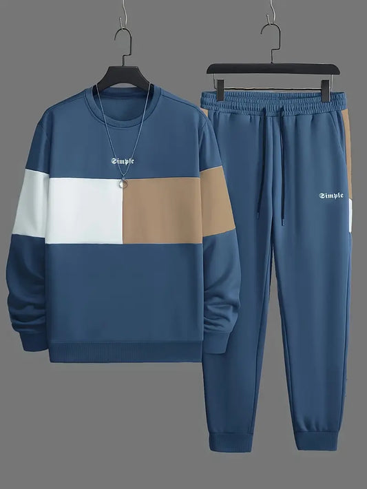 Ensemble de sport homme – Sweat et pantalon jogging – Design color block bleu, beige et blanc