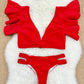 Maillot de Bain Rouge Femme Deux Pièces – Haut Volants & Culotte Découpée Sexy
