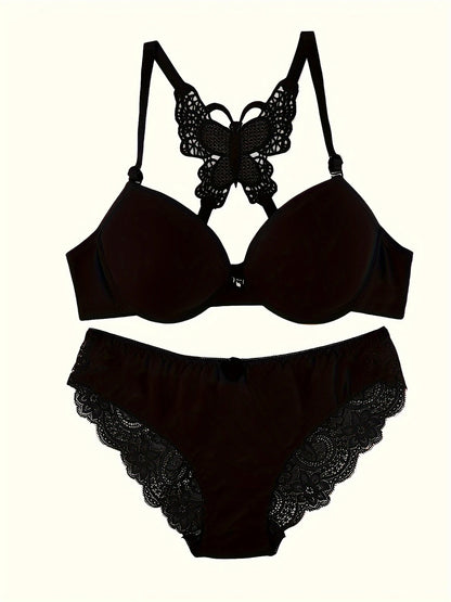 Ensemble lingerie femme push-up – Soutien-gorge à armatures avec culotte nœud chic