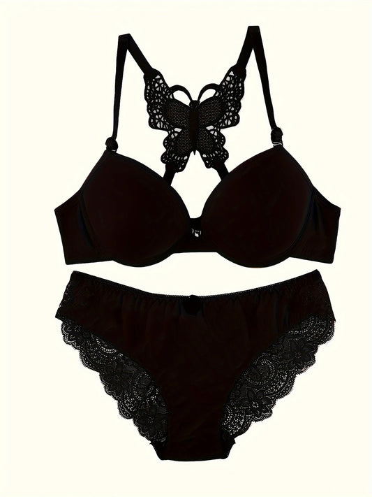 Ensemble lingerie femme push-up – Soutien-gorge à armatures avec culotte nœud chic