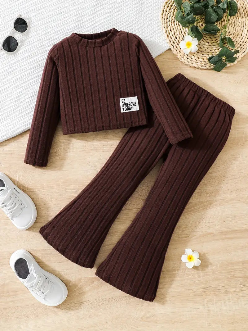 Ensemble fille 2 pièces côtelé mauve – Haut manches longues et pantalon évasé