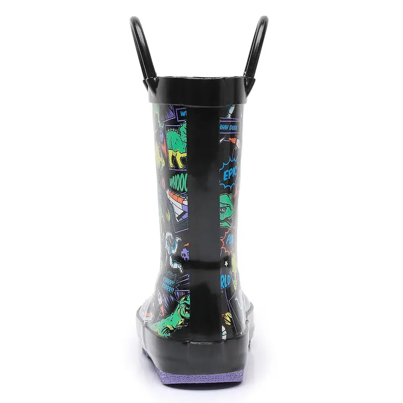 Bottes de pluie garçon noires à motifs dinosaures et espace – Bottes imperméables colorées avec poignées