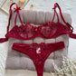 Ensemble Lingerie Sexy Femme en Dentelle Transparente – Soutien-Gorge à Armatures et Tanga Fleurs Brodées