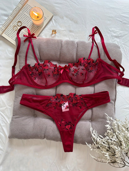 Ensemble Lingerie Sexy Femme en Dentelle Transparente – Soutien-Gorge à Armatures et Tanga Fleurs Brodées