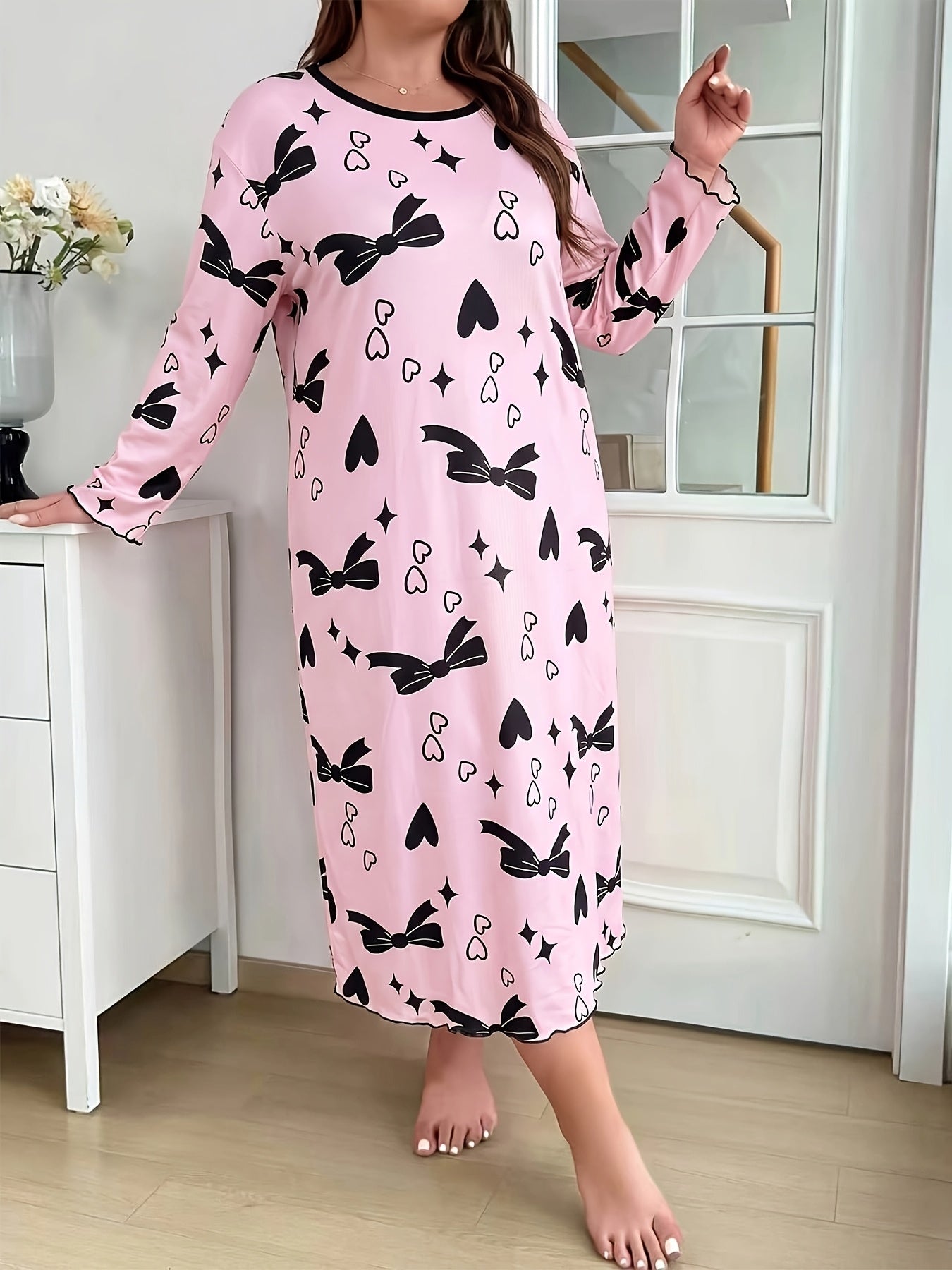 Chemise de Nuit à Manches Longues Automne/Hiver avec Imprimé Nœud Rose