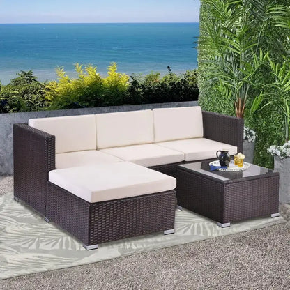 Salon de Jardin en Résine Tressée Gris – Canapé d’Angle 4 Places avec Table Basse et Coussins Déhoussables