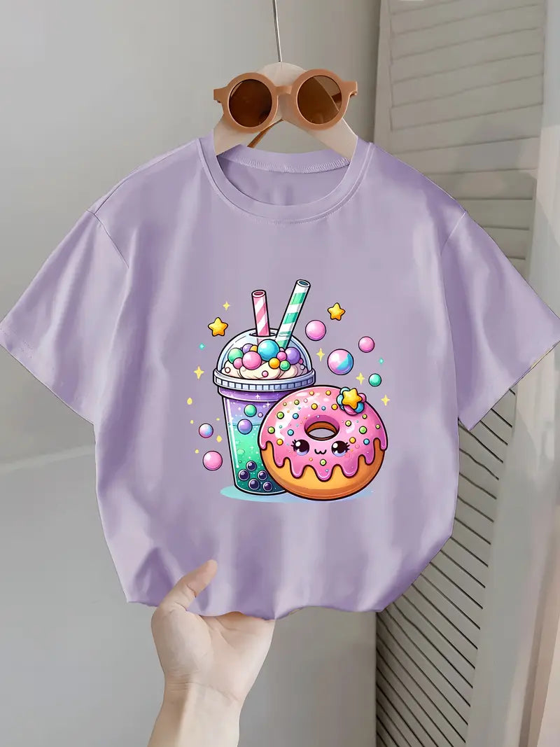 T-shirt fille blanc imprimé kawaii – Donut & Bubble Tea colorés